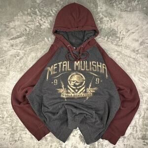 Vintage Y2K Metal Mulisha Maroon/Grey Skull Graphic World Domination Hoodie L-XL